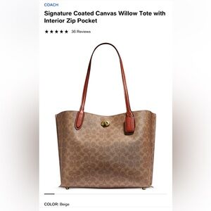 Coach Willow Tote with Interior Zip Pocket